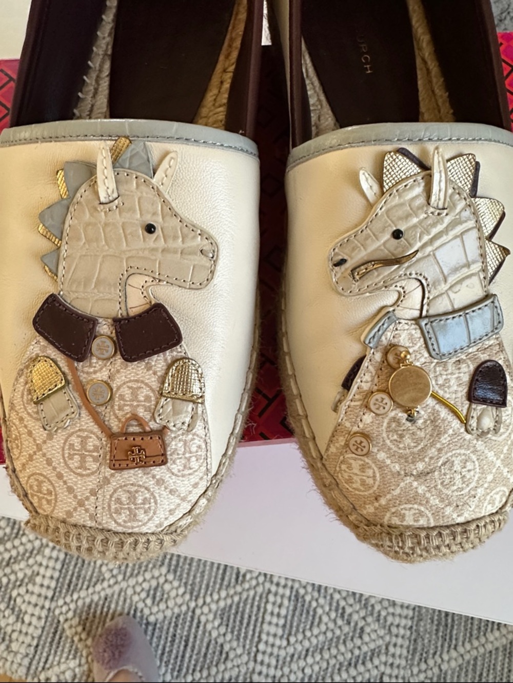 Tory Burch Cream Leather Espadrille Flats with Animal Appliqué
